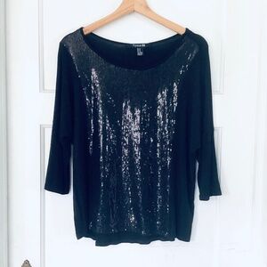 Vintage Y2K Forever 21 Sequins Black Top Jersey Knit Oversized Elbow Sleeves M